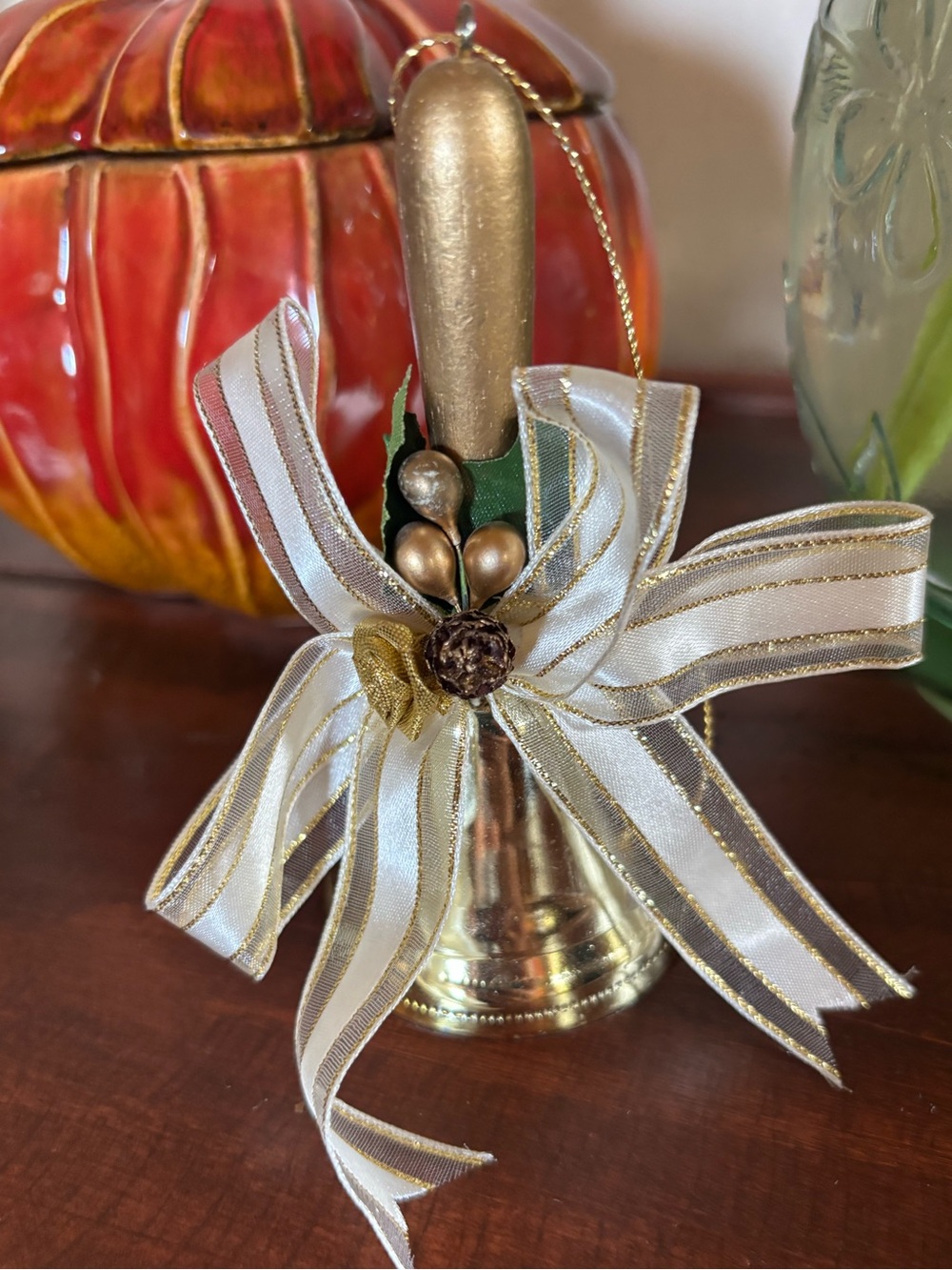 Gold Christmas Bell Ornament with Bow and Pinecone